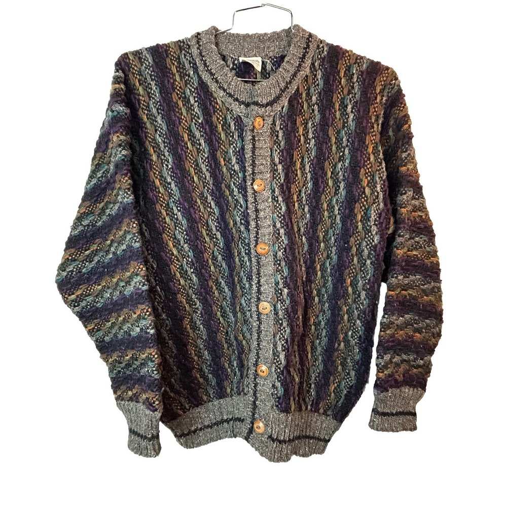 Artesanias Ishka Vintage 90's 100% Wool Stripe Cardigan Sweater One Size Equador